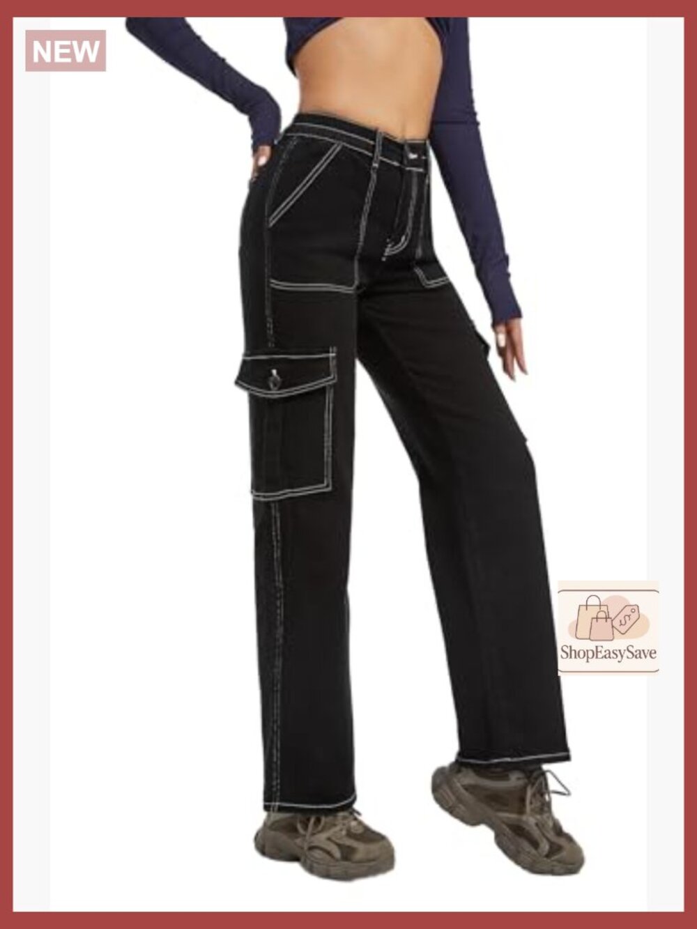 High Waisted Stretch Straight Leg Cargo Pants with Pockets Trendy Trousers - Picture 3 of 5